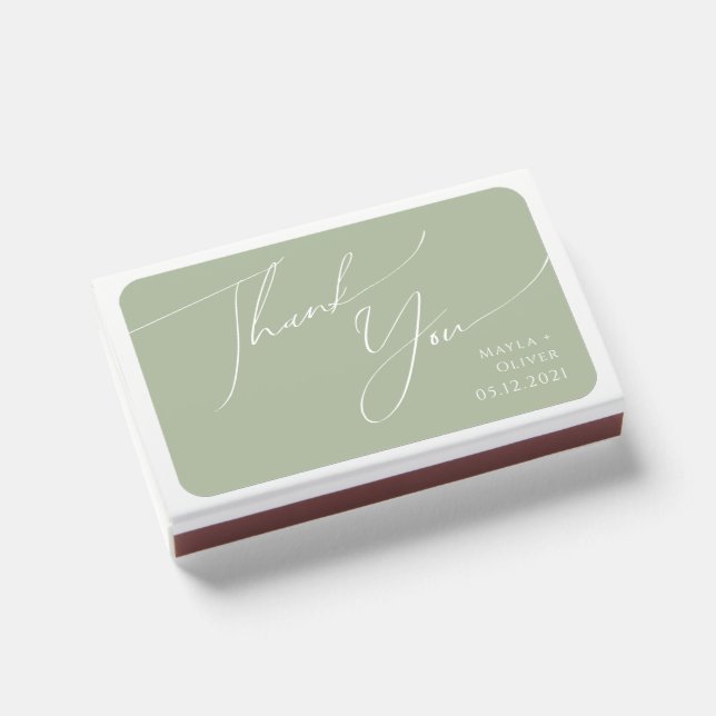Whimsical Script | Sage Green Wedding Favor Matchboxes (Front Closed)