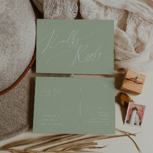 Whimsical Script Sage Green Wedding RSVP Postcard
