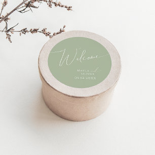 Whimsical Script Sage Green Wedding Welcome Classic Round Sticker