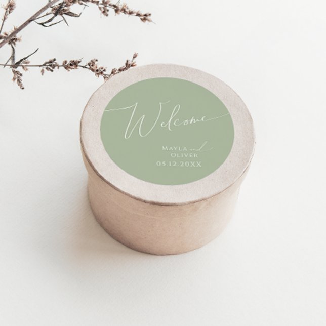 Whimsical Script | Sage Green Wedding Welcome Classic Round Sticker (Creator Uploaded)