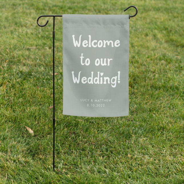 Whimsical Script Sage Green Wedding Welcome Garden Flag (In SItu)