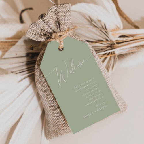 Whimsical Script  Sage Green Wedding Welcome Gift Tags