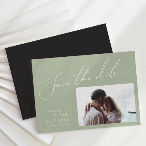 Whimsical Script  Sage Horizontal Save The Date  Magnetic Invitation