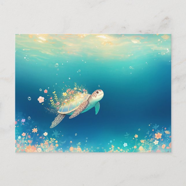 Whimsical Sea Turtle and Floral Bloom Postcard (Front)