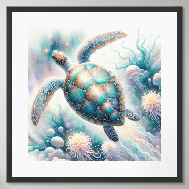 Whimsical Sea Turtle Art Prints (Framed Front)