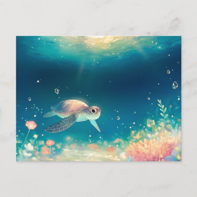 Whimsical Sea Turtle in Luminous Ocean Postcard (Front)