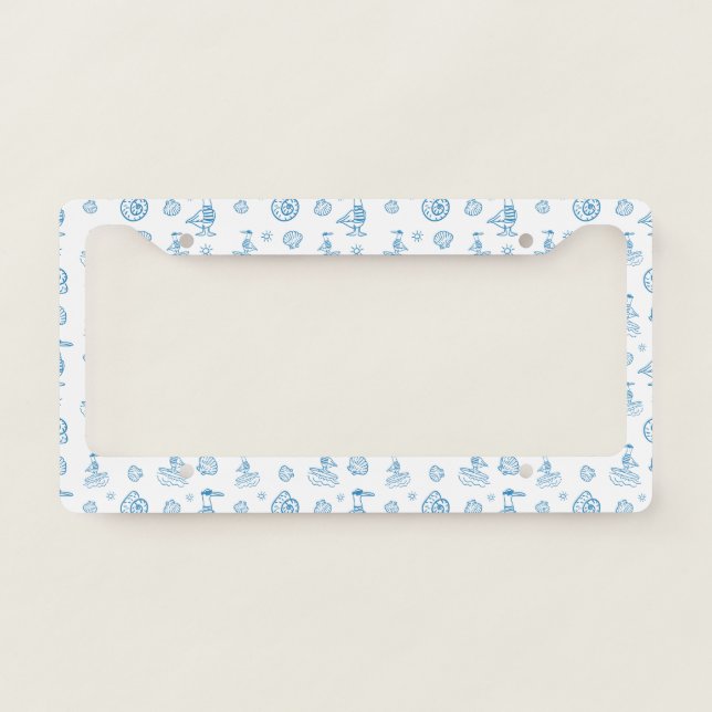 Whimsical Seagull Nautical Doodle Pattern License Plate Frame (Front)