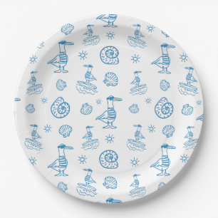 Whimsical Seagull Nautical Doodle Pattern Paper Plates