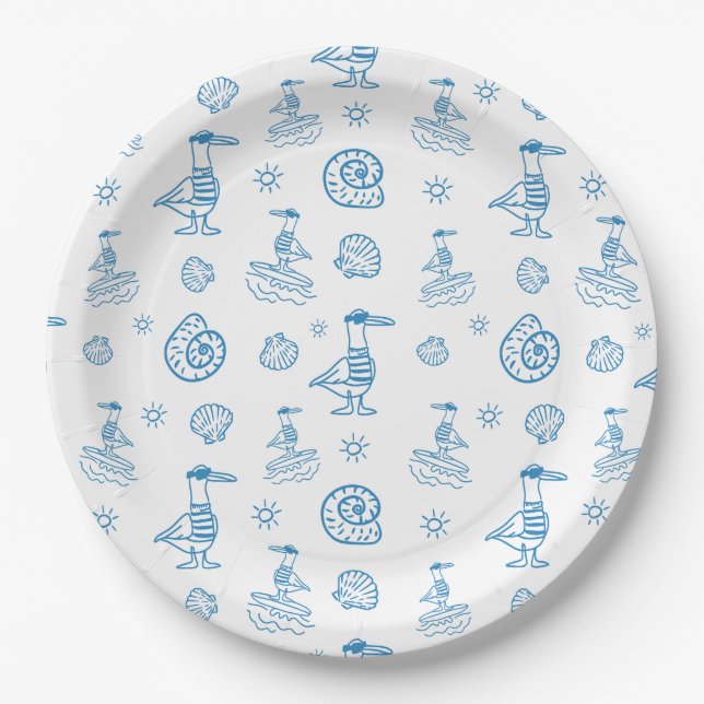 Whimsical Seagull Nautical Doodle Pattern Paper Plates (Front)