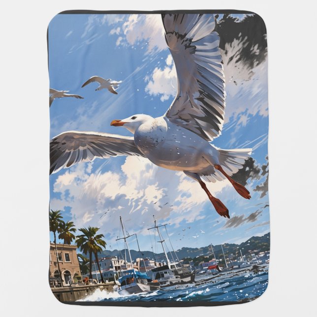Whimsical Seagull with Sardine: Playful Illustrati Baby Blanket (Front)