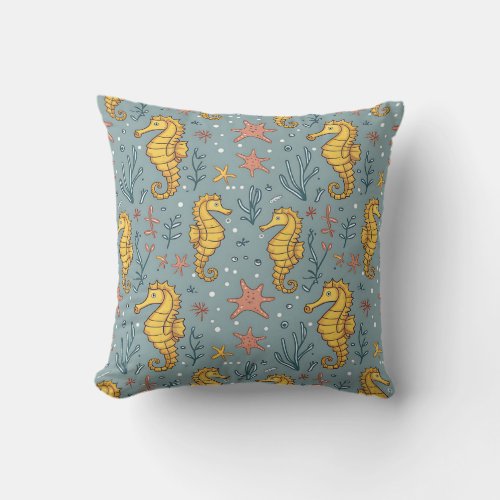 Whimsical Seahorse and Starfish Pattern Throw Pillow