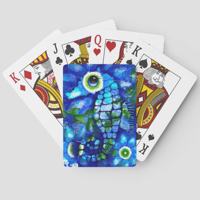 Whimsical Seahorse Coastal Nautical Seaside Blue Poker Cards (Back)