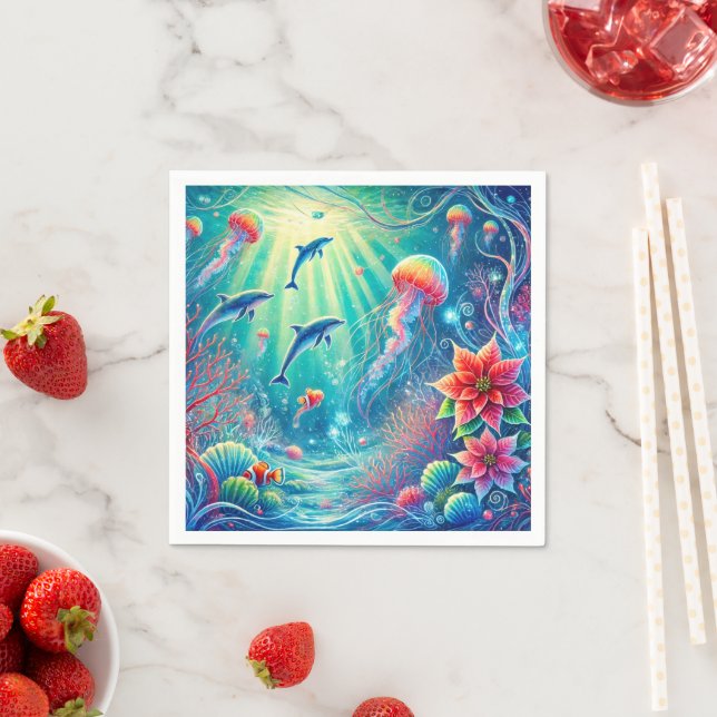 Whimsical Sealife & Poinsettia Decoupage Napkins (Insitu)