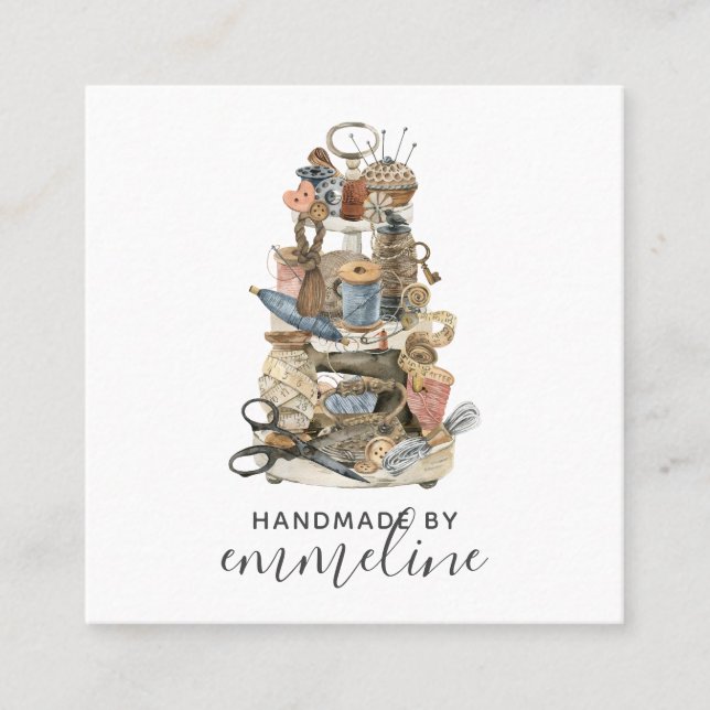 Whimsical Seamstress Tools Of The Trade Square Business Card (Front)