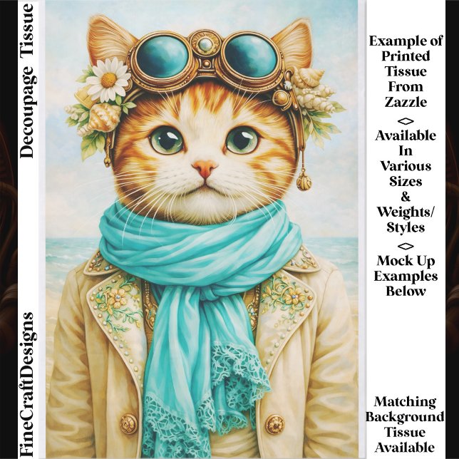  Whimsical Seaside Steampunk Cat FE8 Decoupage Tissue Paper (Creator Uploaded)