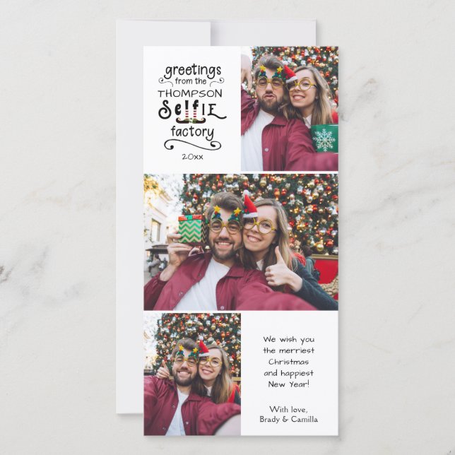 Whimsical sELFie Factory Greetings 3 Photos Holiday Card (Front)