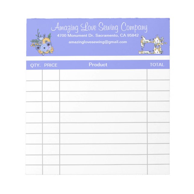 Whimsical Sewing Machine sales receipt Notepad (Front)