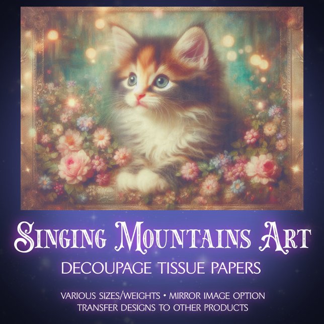 Whimsical Shabby Chic Floral Calico Cat Decoupage Tissue Paper (Creator Uploaded)