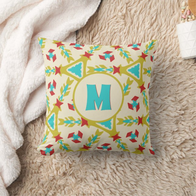 Whimsical Shapes Colorful Pattern with Monogram  Throw Pillow (Blanket)