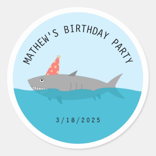 Whimsical Shark Animal Birthday Celebration Ocean Classic Round Sticker