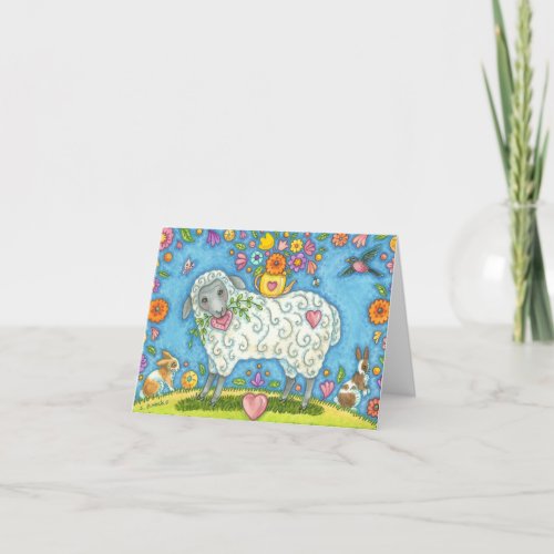 Whimsical SHEEP AND POSIES NOTE CARD Blank