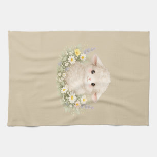 Whimsical Sheep and Wildflowers for a Charming Kitchen Towel