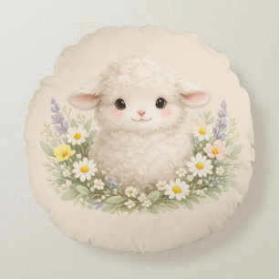 Whimsical Sheep and Wildflowers for a Charming Round Pillow