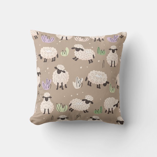 Whimsical Sheep Meadow Throw Pillow (Front)