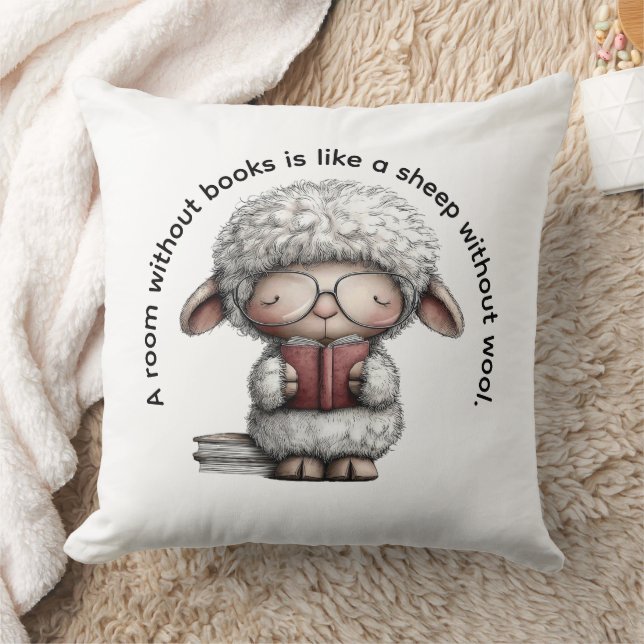 Whimsical Sheep Reading a Book Throw Pillow (Blanket)