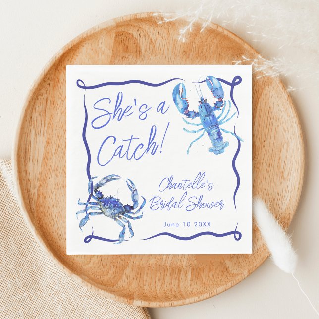 Whimsical She's a Catch Blue Coastal Bridal Shower Napkins (Creator Uploaded)