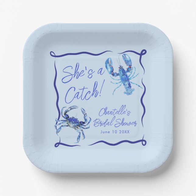 Whimsical She's a Catch Blue Coastal Bridal Shower Paper Plates (Front)