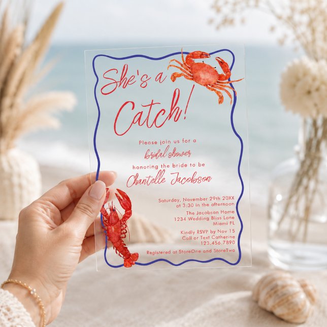 Whimsical She's a Catch Red Coastal Bridal Shower Acrylic Invitations (Creator Uploaded)