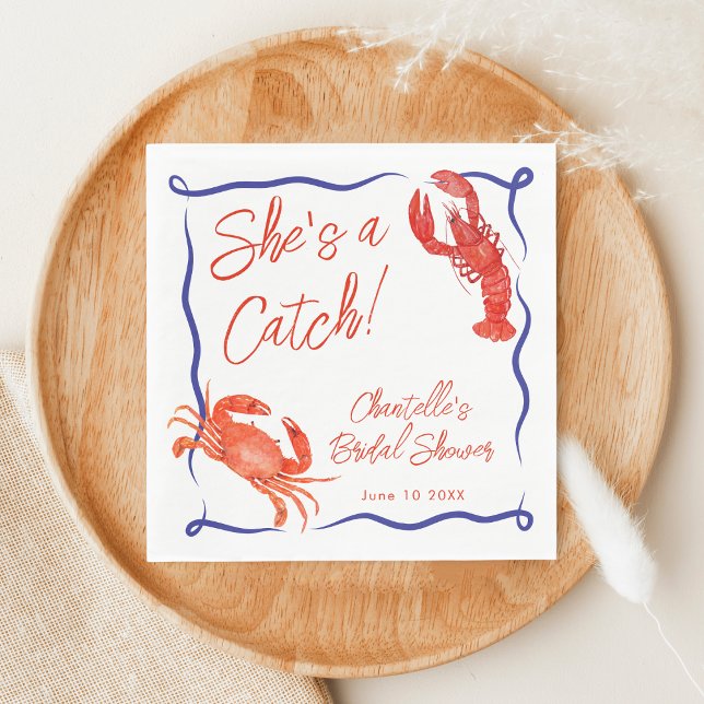 Whimsical She's a Catch Red Coastal Bridal Shower Napkins (Creator Uploaded)