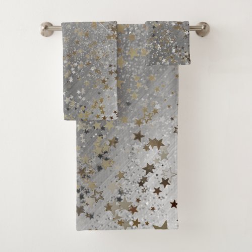 Whimsical Shimmery Gold Silver Stars on Silver Bath Towel Set