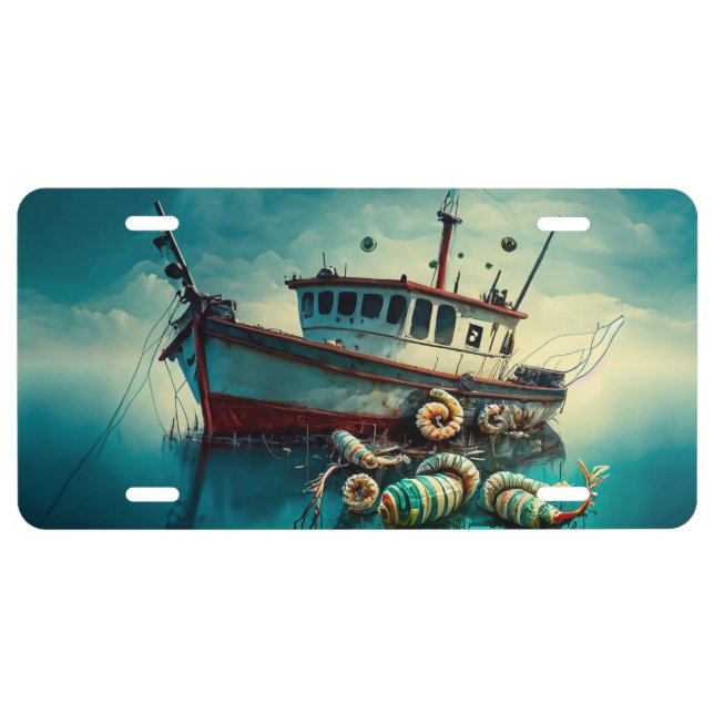 Whimsical Shrimp Boat and Shrimp License Plate (Front)