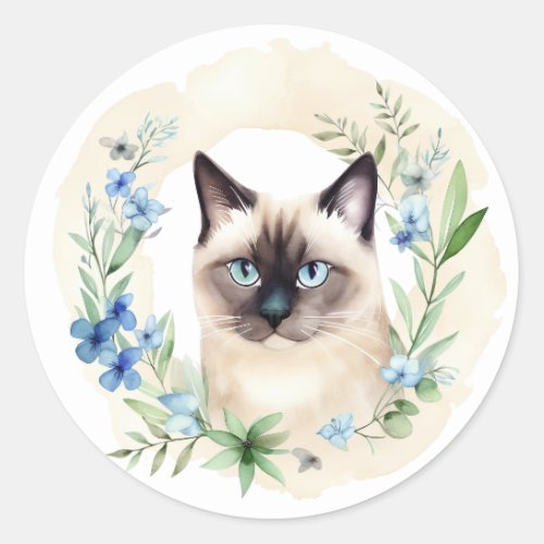 Whimsical Siamese Cat  Botanicals Classic Round Sticker