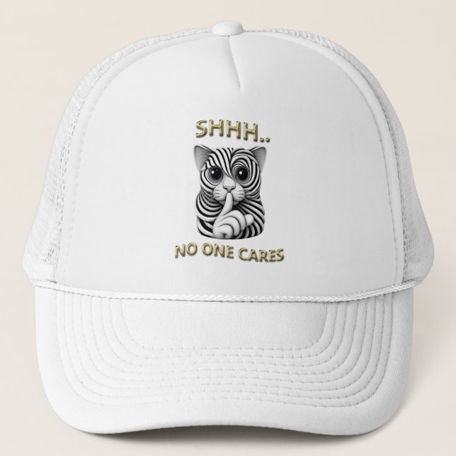 Whimsical Silence Zebra-Striped Cats Playful Gag Trucker Hat (Front)