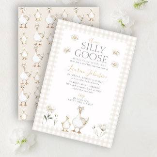 Whimsical Silly Goose Beige Gingham Baby Shower Invitation