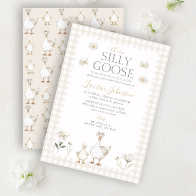 Whimsical Silly Goose Beige Gingham Baby Shower Invitation (Creator Uploaded)