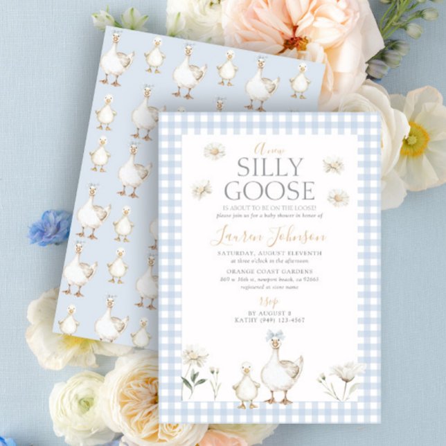 Whimsical Silly Goose Blue Gingham Baby Shower Invitation (Creator Uploaded)