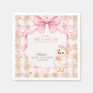 Whimsical Silly Goose Pink Gingham Baby Shower Napkins