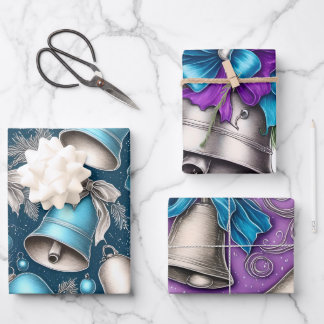 Whimsical Silver Bells Christmas Wrapping Paper Sheets
