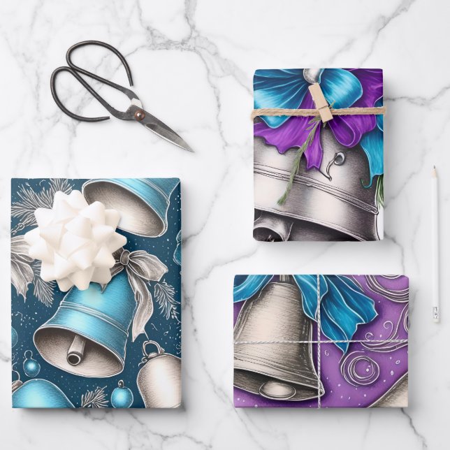 Whimsical Silver Bells Christmas  Wrapping Paper Sheets (Front)