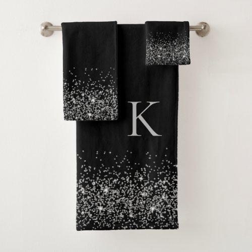 Whimsical Silver Glitter on Black Monogram Bath Towel Set