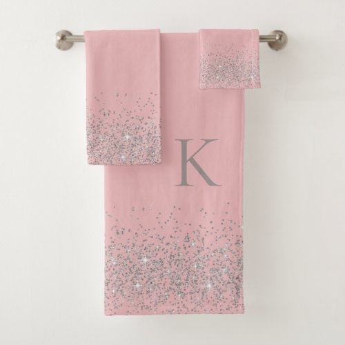 Whimsical Silver Glitter on Pink Blush Monogram Bath Towel Set