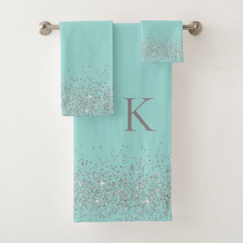 Whimsical Silver Glitter on Powder Blue Monogram Bath Towel Set
