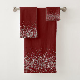 Whimsical Silver Glitter on Red Bath Towel Set