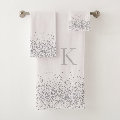 Whimsical Silver Glitter on White Monogram Bath Towel Set