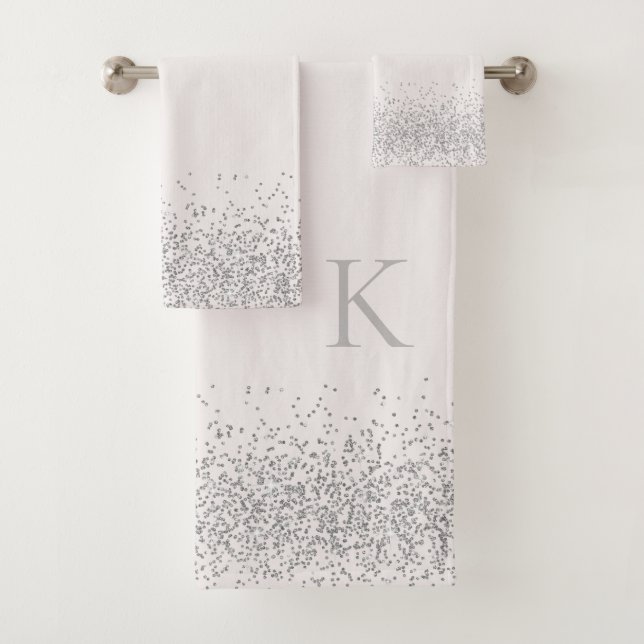 Whimsical Silver Glitter on White Monogram Bath Towel Set (Insitu)