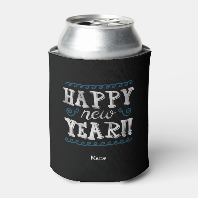 Whimsical, Silver, New Year's Eve Can Cooler (Can Front)